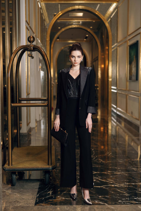 Black Embellished Blazer with Wide-Leg Jumpsuit