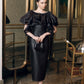 Black Ruffle Cape Midi Dress – Off-Shoulder Evening Gown