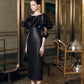 Black Ruffle Cape Midi Dress – Off-Shoulder Evening Gown