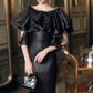 Black Ruffle Cape Midi Dress – Off-Shoulder Evening Gown