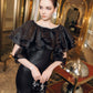Black Ruffle Cape Midi Dress – Off-Shoulder Evening Gown