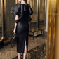 Black Ruffle Cape Midi Dress – Off-Shoulder Evening Gown