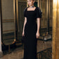 Black Square-Neck Gown with Embellished Cape Sleeves