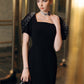 Black Square-Neck Gown with Embellished Cape Sleeves