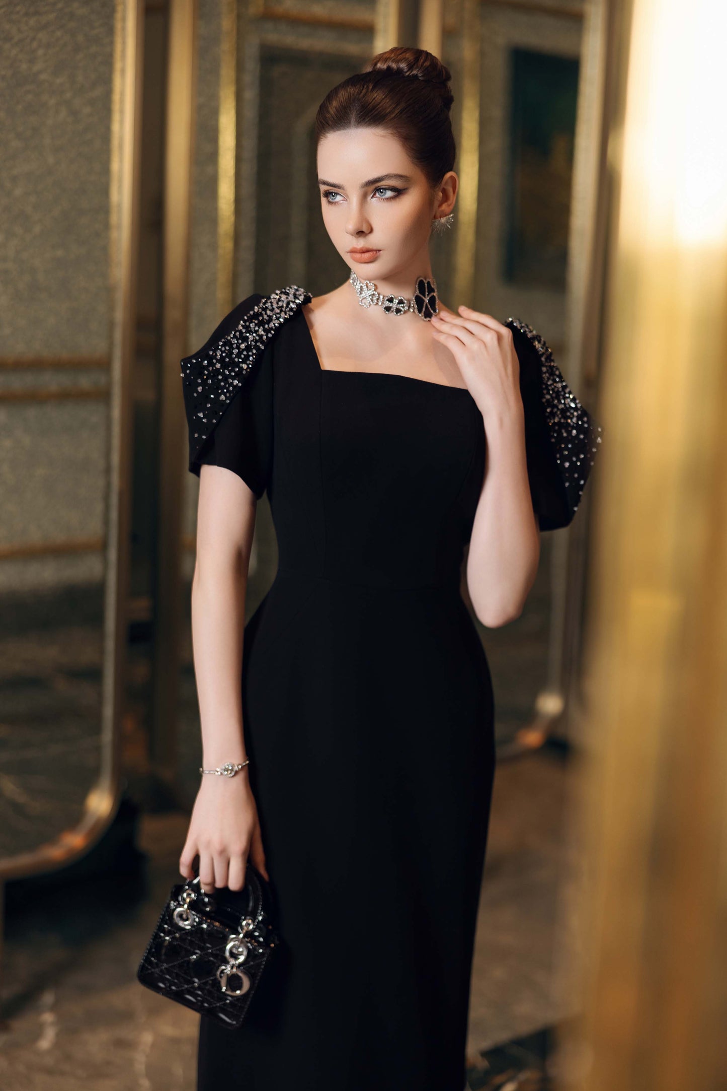 Black Square-Neck Gown with Embellished Cape Sleeves