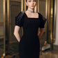 Black Square-Neck Gown with Embellished Cape Sleeves