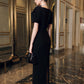 Black Square-Neck Gown with Embellished Cape Sleeves