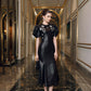 Black Faux-Leather Midi Dress – Puff Sleeve A-Line Gown with Embellishments