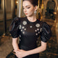 Black Faux-Leather Midi Dress – Puff Sleeve A-Line Gown with Embellishments
