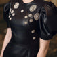 Black Faux-Leather Midi Dress – Puff Sleeve A-Line Gown with Embellishments