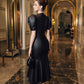Black Faux-Leather Midi Dress – Puff Sleeve A-Line Gown with Embellishments