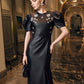 Black Faux-Leather Midi Dress – Puff Sleeve A-Line Gown with Embellishments