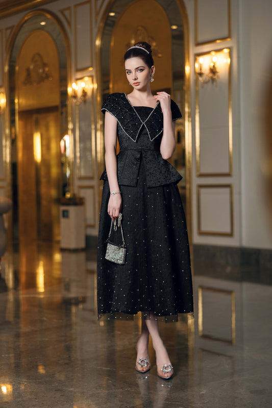 Black Embellished Evening Gown with Peplum Detailing