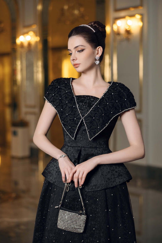 Black Embellished Evening Gown with Peplum Detailing