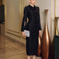 Black Midi Cape Dress with Beaded Detailing