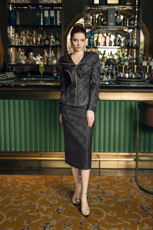 Black Jacquard Peplum Jacket and Midi Skirt Set