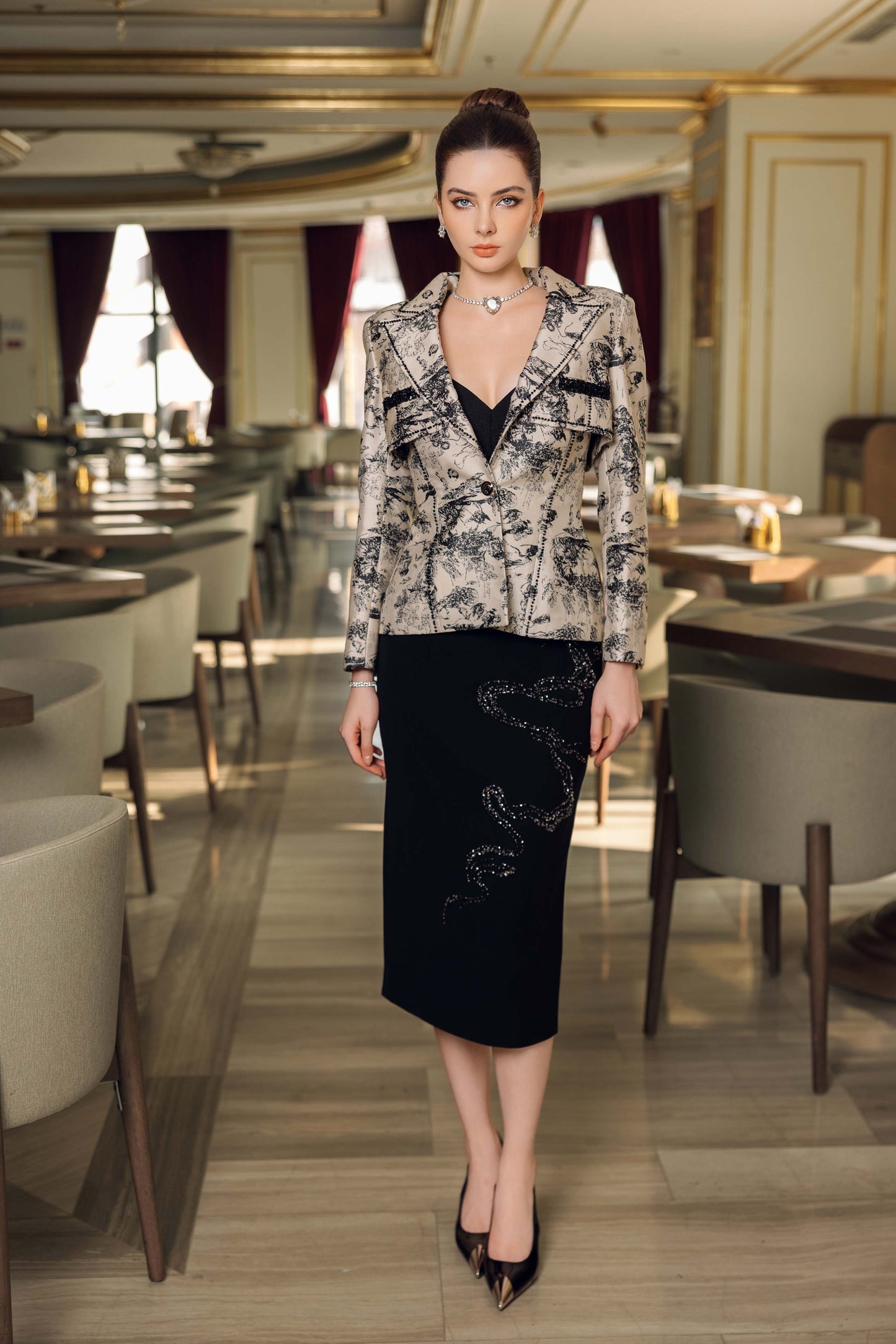 Luxury Brocade Blazer & Embellished Black Midi Skirt Set