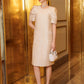 Champagne A-Line Dress with Puff Sleeves & Embellished Pockets