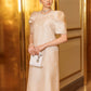 Champagne A-Line Dress with Puff Sleeves & Embellished Pockets