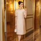 Champagne A-Line Dress with Puff Sleeves & Embellished Pockets