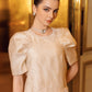 Champagne A-Line Dress with Puff Sleeves & Embellished Pockets
