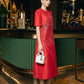 Scarlet Radiance Midi Dress with Crystal Burst Design