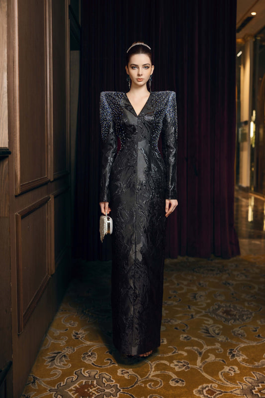 Black Embellished Long-Sleeve Evening Gown with Structured Shoulders