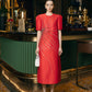 Scarlet Radiance Midi Dress with Crystal Burst Design