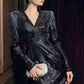 Black Embellished Long-Sleeve Evening Gown with Structured Shoulders