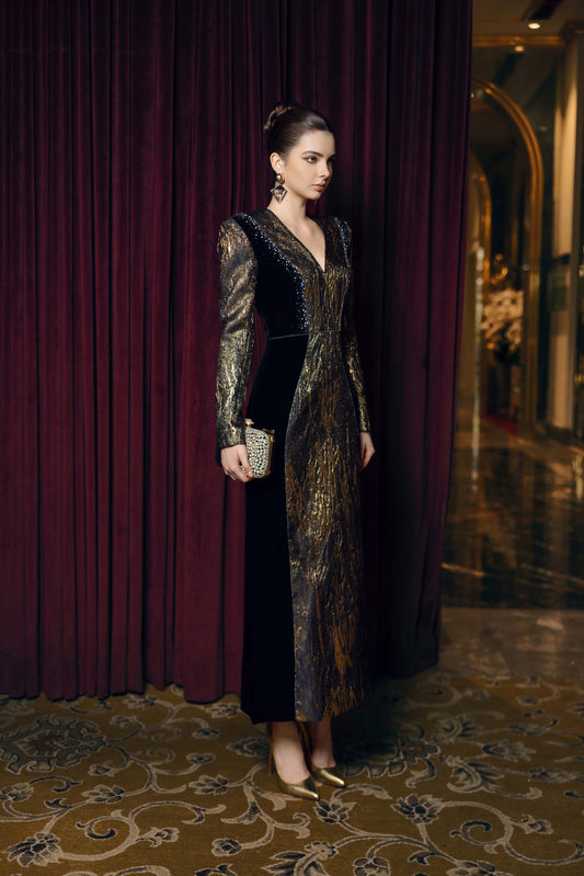 Metallic Gold and Black Long-Sleeve Evening Gown with Velvet Accents