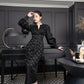 Black Midi Dress with Textured Fabric and Statement Cuffs