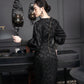 Black Midi Dress with Textured Fabric and Statement Cuffs