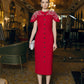 Regal Scarlet Buttoned Midi Dress with Embellished Cape Sleeves