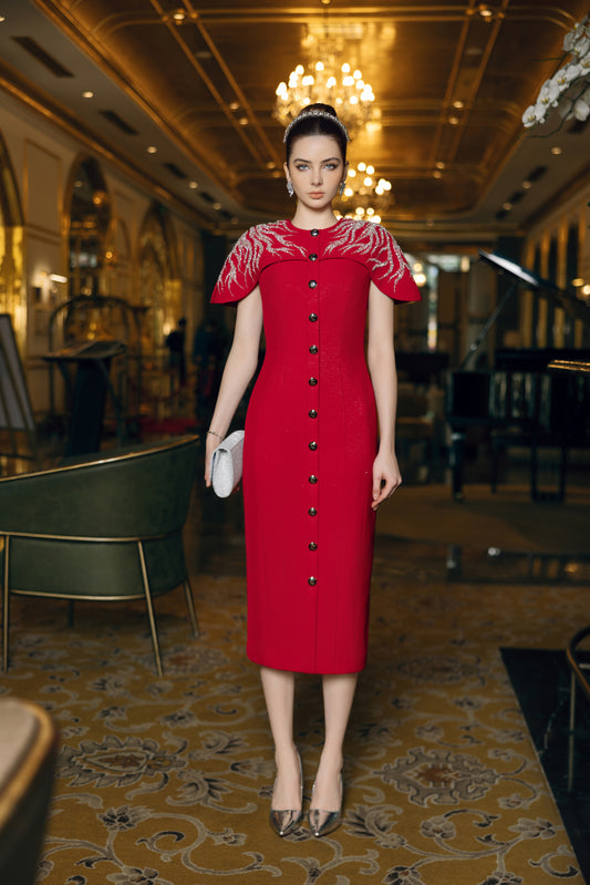 Regal Scarlet Buttoned Midi Dress with Embellished Cape Sleeves