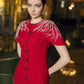 Regal Scarlet Buttoned Midi Dress with Embellished Cape Sleeves