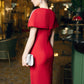 Regal Scarlet Buttoned Midi Dress with Embellished Cape Sleeves