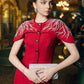Regal Scarlet Buttoned Midi Dress with Embellished Cape Sleeves