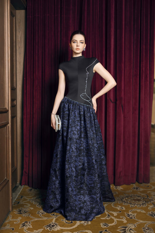 Black and Navy Blue Evening Gown with Rhinestone Embellishments