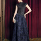 Black and Navy Blue Evening Gown with Rhinestone Embellishments