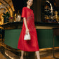 Scarlet Radiance Midi Dress with Crystal Burst Design