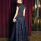 Black and Navy Blue Evening Gown with Rhinestone Embellishments