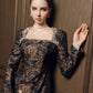 Long-Sleeve Jacquard Evening Dress with Embellished Square Neckline