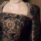 Long-Sleeve Jacquard Evening Dress with Embellished Square Neckline