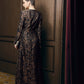 Long-Sleeve Jacquard Evening Dress with Embellished Square Neckline
