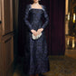 Long-Sleeve Jacquard Evening Dress with Embellished Square Neckline