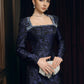 Long-Sleeve Jacquard Evening Dress with Embellished Square Neckline