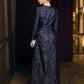 Long-Sleeve Jacquard Evening Dress with Embellished Square Neckline