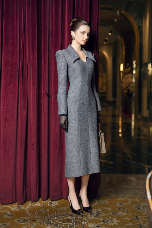 Gray Wool Midi Dress with Structured Shoulders