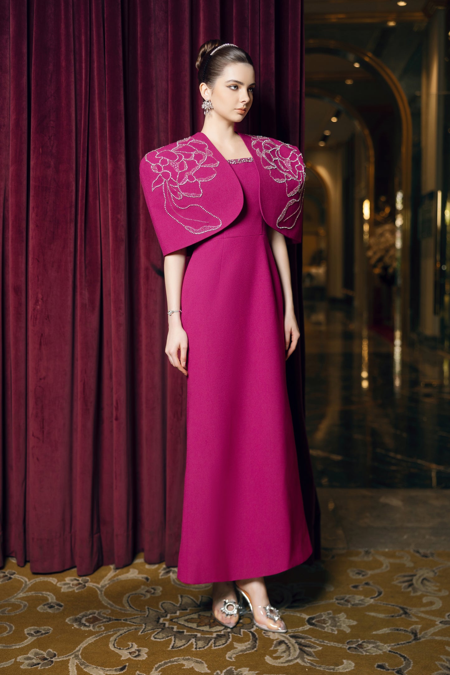 Magenta Evening Gown with Embellished Detachable Capelet