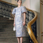 Blue Floral Jacquard Midi Dress with Puff Sleeves